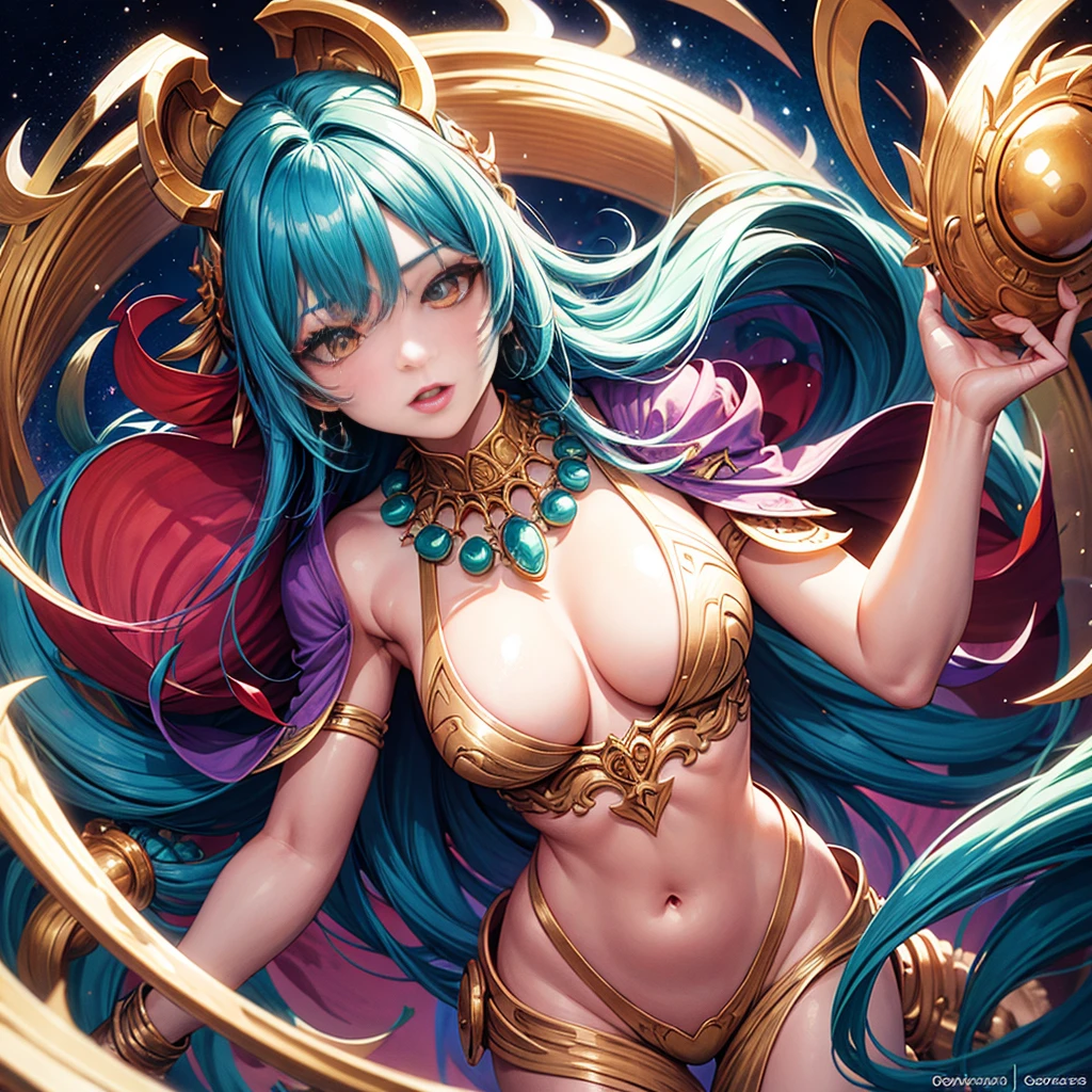 Close-up of a woman with rich and colorful hair and necklace, Anime girl with cosmic long hair, The soft vibrancy of Rossdraws, Gouwez (Guvez) Artwork of style, Fantasy art style, rich and colorful], Vibrant fantasy style, Rossdraws Vibrant cartoons, universe and rich and colorful, Gu Weiss, rich and colorful digital fantasy art, Stunning art style, Beautiful anime style, White skin, Hulk&#39;s Clothes