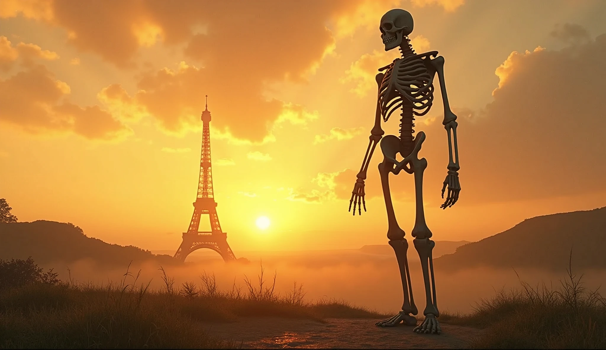 A serene and powerful scene capturing a gigantic legendary skeleton standing at sunrise, standing, tranquil landscape. The sunrise bathes the scene in a warm, golden light and we can see eiffel tower, symbolizing hope and divine strength. real Engine, Color Grading, Ultra-Wide angle, hyper-detailed, beautifully dark and white color, intricate details, real Engine, Cinematic, Photography in real life, professional photoshoots, Tilt Blur, Shutter Speed 1/1000, F/22, White Balance, 32k, Super-Resolution, ProPhoto RGB, VR, Incandescent, Optical Fiber, accent Lighting, Screen Space Global hyper illumination, Ray Tracing Global Illumination, Shadows dimensions, Shimmering, Ray Tracing Reflections, Lumen Reflections, Screen Space Reflections, Diffraction Grading, Chromatic Aberration, GB Displacement, Scan Lines, Ray Traced, Ray Tracing Ambient Occlusion, full HD, SSAO, Post Processing, Cel Shading, Tone Mapping, CGI, VFX, SFX, insanely detailed and intricate, hypermaximalist, professional, flawless results, optimal clarity, extreme Depth of Field, 8K, max precision line work, pristine finish, fine natural realistic textures, seamless blending, v-ray tracing, vector art, ambient occlusion, sharpness focus, gigapixels, zbrush, perfect bulding, 3D shading cinematic human turned into a xenomorph venom with sharp teeth + photorealistic + photorealism + ray tracing + unreal engine 5 + ultra wallpaper 8k, hdr, RTX h