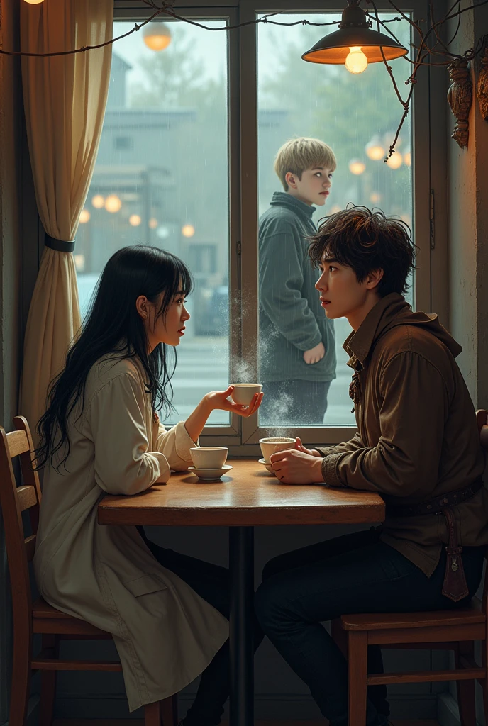 There is an Asian woman scientist with medium-length black hair and a man with messy brown hair and medieval peasant-style clothing in a cafe drinking coffee. Through the window, there is a man watching them. , The man observing is tall, blond, with medium-length hair, wearing school clothes, rainy atmosphere