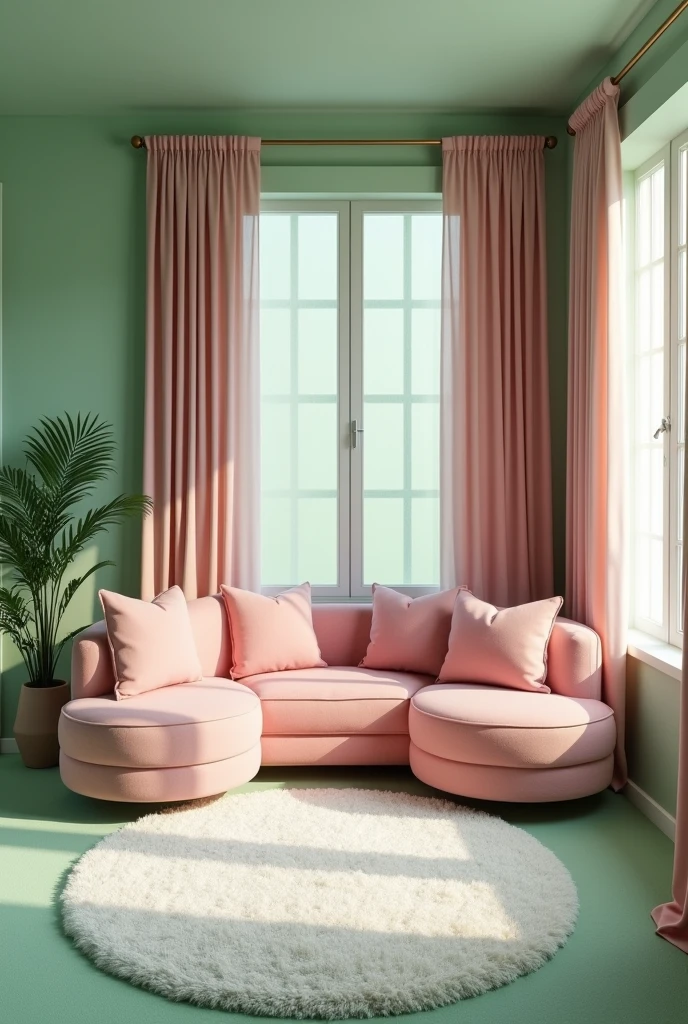 Create image of drawing room showing two wall view. Paint wall with green color, carpet on the floor should be light green. medium size rug on the floor of white color. Pink color corner couch is placed on the both wall. Window has light pink color curtain.