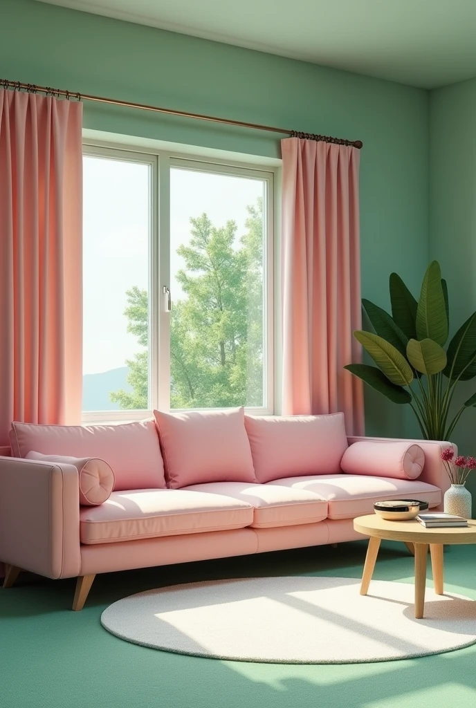 Create image of drawing room showing two wall view. Paint wall with green color, carpet on the floor should be light green. medium size rug on the floor of white color. Pink color corner couch is placed on the both wall. Window has light pink color curtain.