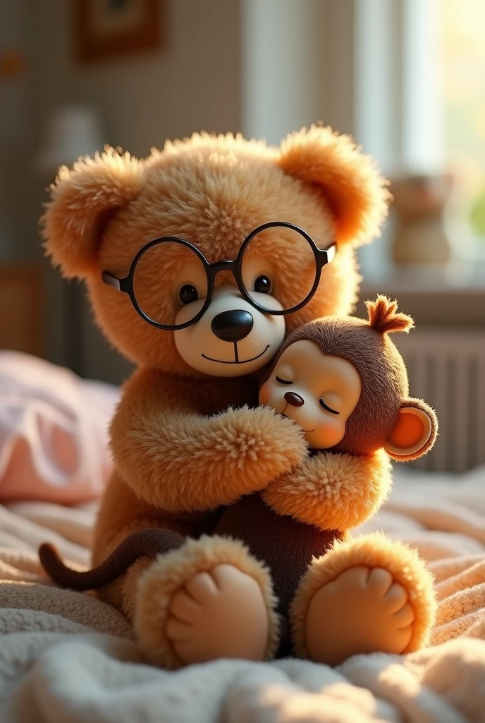 A teddy bear wearing glasses hugging a stuffed monkey with its eyes closed.