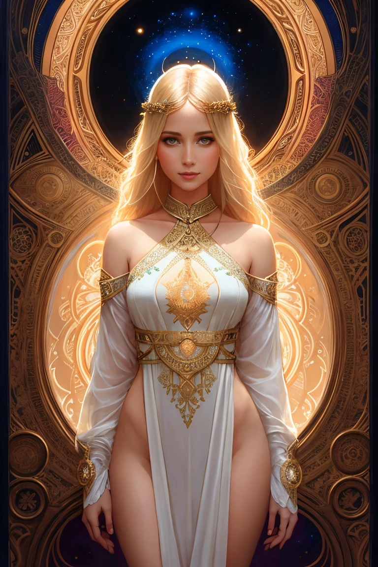 a beautiful blonde woman in sexy revealing dress, full body, looking at viewer, symmetric, slight smile, spirtual awakening, intricate details, cosmic, ethereal, mystical, complicated environment, brush stokes, illuminating lights, Greg Rutkowski, RHADS, Beeple, Makoto Shinkai, Lois van Baarle, Ilya Kuvshinov, Rossdraws, Tom Bagshaw, Alfonse Mucha, masterpiece, ultra high res, high quality, 