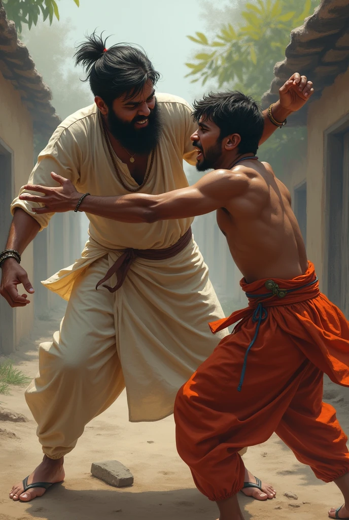 Two brothers living in India, out of which the elder brother, who is 30 years old, beats his younger brother, who is 25 years old wearing indian traditional clothes fighting in serious mood in which elder brother is in angry mood