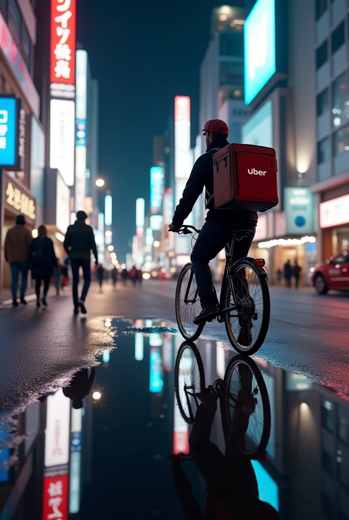 masterpiece,Highest quality,(Ultra-high definition CG Unity 8K wallpaper),(Highest quality),Physical Rendering,puddle,City view reflected on the water,Reflection of light,night,Busy Street,Passers-by々,Shibuya City,Uuber meets delivery man on bicycle