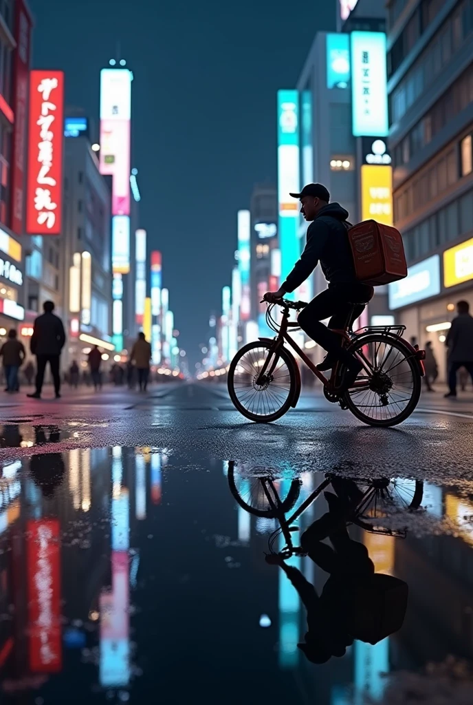 masterpiece,Highest quality,(Ultra-high definition CG Unity 8K wallpaper),(Highest quality),Physical Rendering,puddle,City view reflected on the water,Reflection of light,night,Busy Street,Passers-by々,Shibuya City,Uuber meets delivery man on bicycle