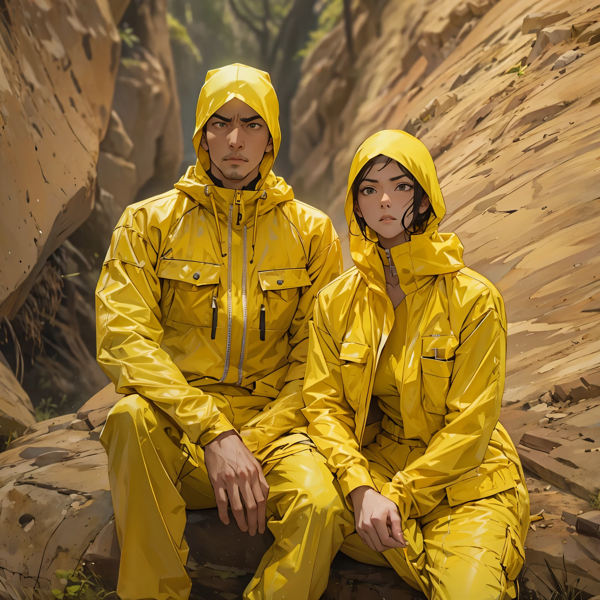 Inspired by the MBTI adventurer、A man and a woman in yellow outfits glaring coolly at the camera with serious faces。