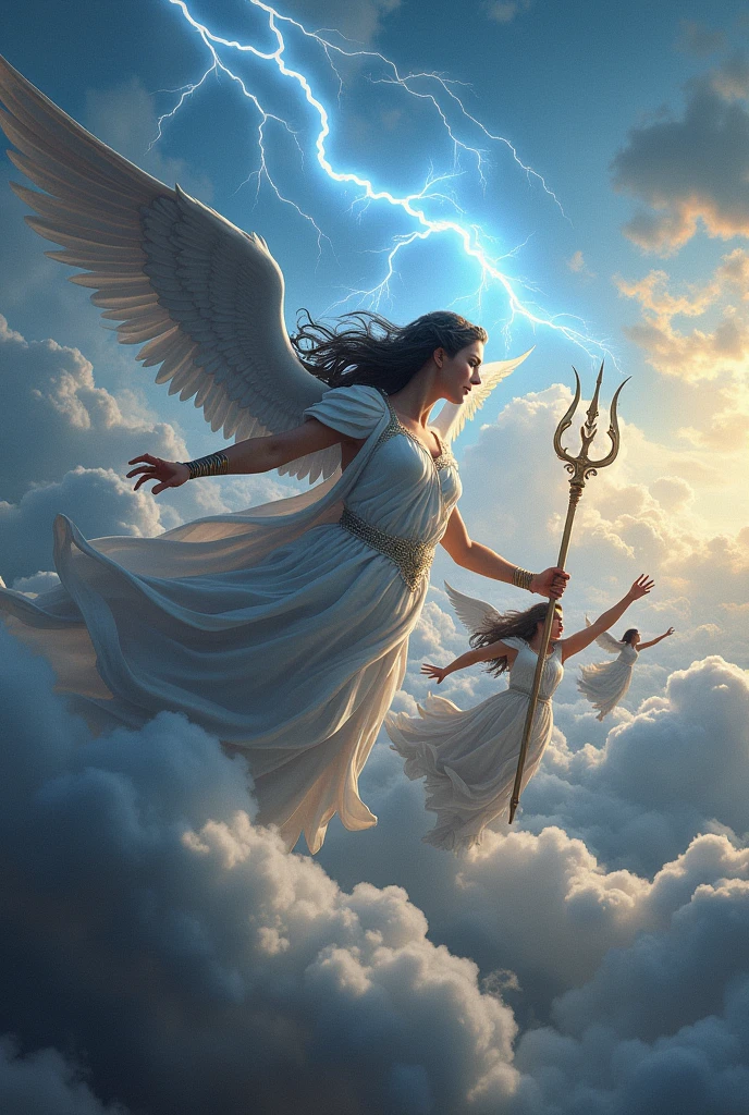 Goddess Athena with wings in the sky thunder and trident in hand throwing thunder at her side Zeus behind her defending her god of Olympus the two dark hair and blue eyes imposing gods and 3 more gods to the side imposing and throwing thunder all in the celestial sky all in the sky flying