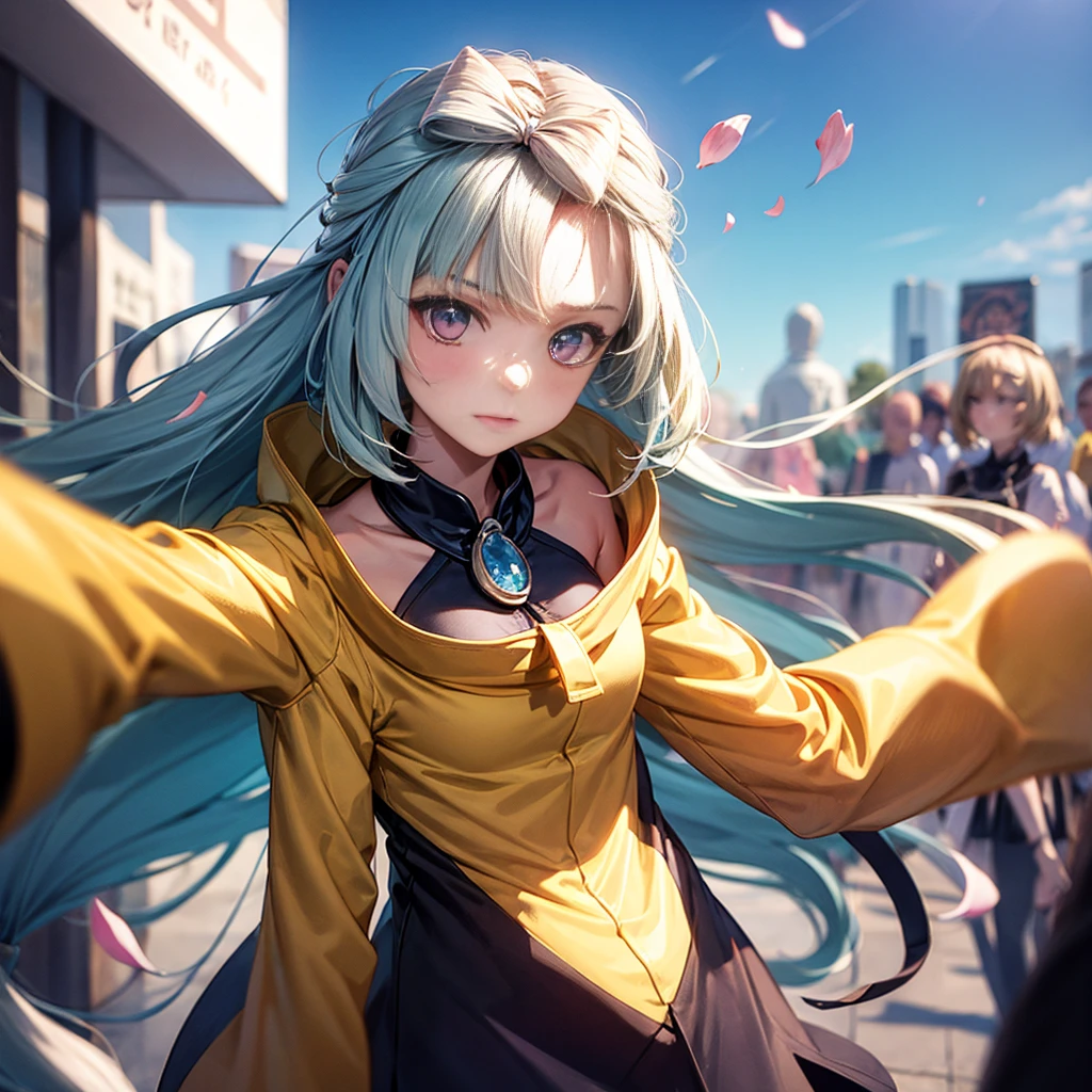 (Dynamic Angle:1.3),Close-up,windy,Movie Highlights,1 Girl,Upper Body,Dance,Looking at the audience, Purple_Evergarden, 独自of, Jewelry, blank Eye,brooch, Blonde_hair,( vevry long hair:1.2),floating hairlong_sleeve, Ribbon, 蓝色of_Eye, jacket, skirt, gem, hair_Ribbon,Sky, depth_of_site, a close view of flying petal,