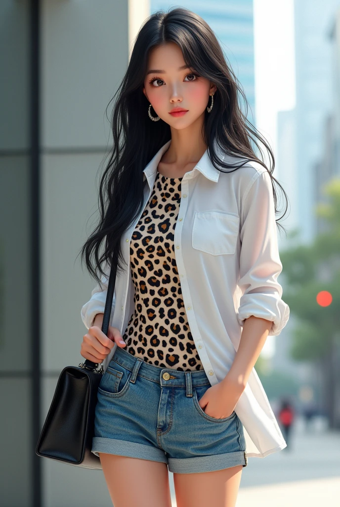  A Japanese woman, 25 years old, with long black hair, wearing a white shirt with a leopard print, short denim shorts, and carrying a handbag.