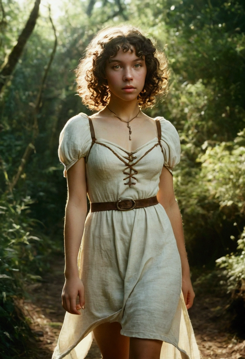 analog film photo, photo of a young elven girl, 18 years old, elf ears, amber eyes, curly brunette bob cut, dark skintone, freckles, Amazonian stature, voluptuous hourglass figure, busty bosom, narrow waist, full hips, big plump buttocks, wearing a linen sun dress, strolling through a sunny fantasy landscape, RAW Photograph, dslr, soft lighting, high quality, film grain, Fujifilm XT3, detailed skin with visible pores, insane details, masterpiece, 8k, 35mm photograph, dslr, kodachrome, faded film, desaturated, grainy, vintage, Lomography, stained, highly detailed, found footage, close-up shot, elven ears