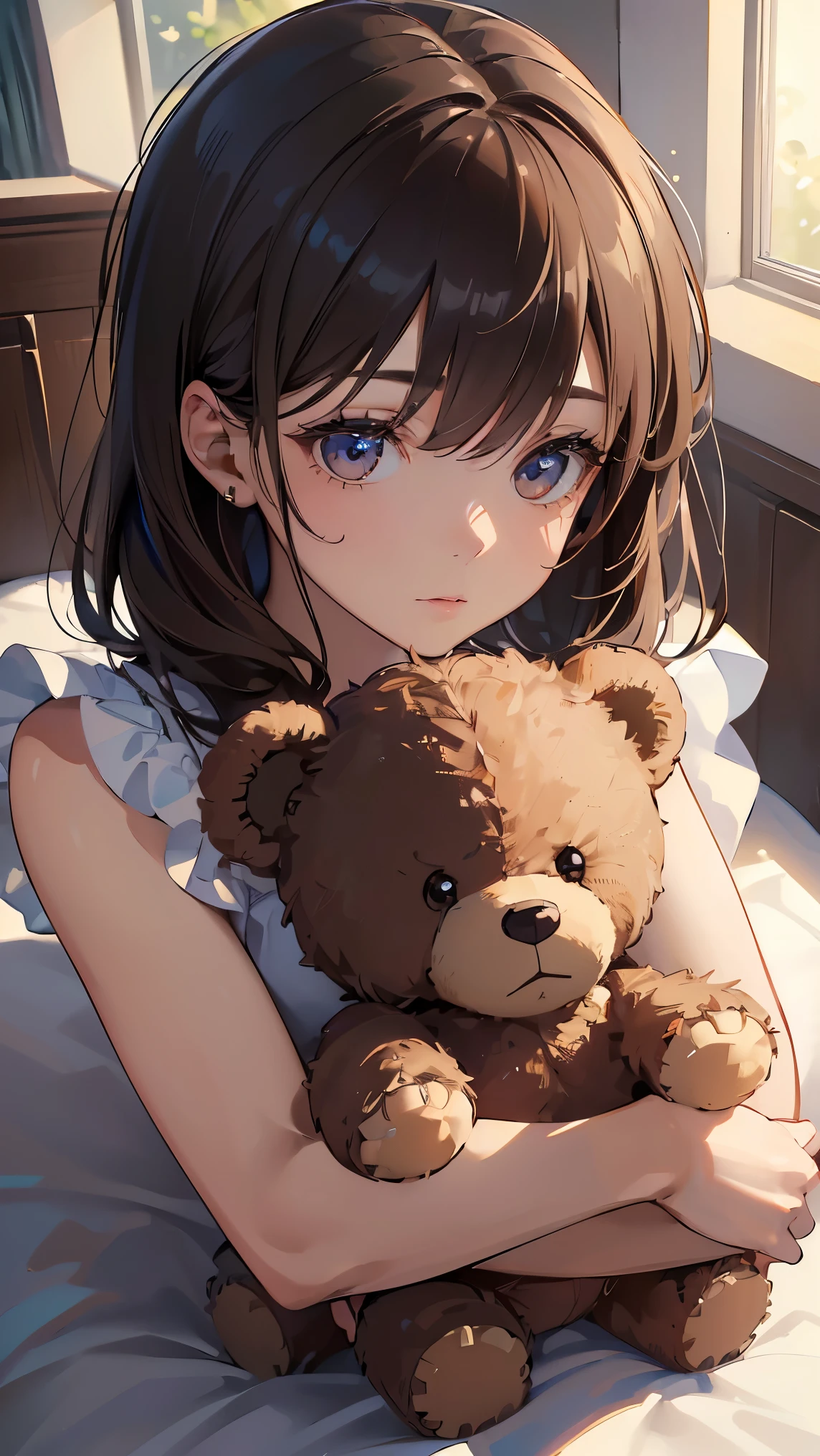 (detailed), perfect face, ((Best quality, 8k, Masterpiece: 1.3)), Highly detailed face and skin texture, Detailed eyes, brown hair, Bed, Still sleepy, looking up, full body, adult woman, just woke up, Morning sunlight pours in through the window, Teddy bear, sleeping with a teddy bear, Composition looking down from above