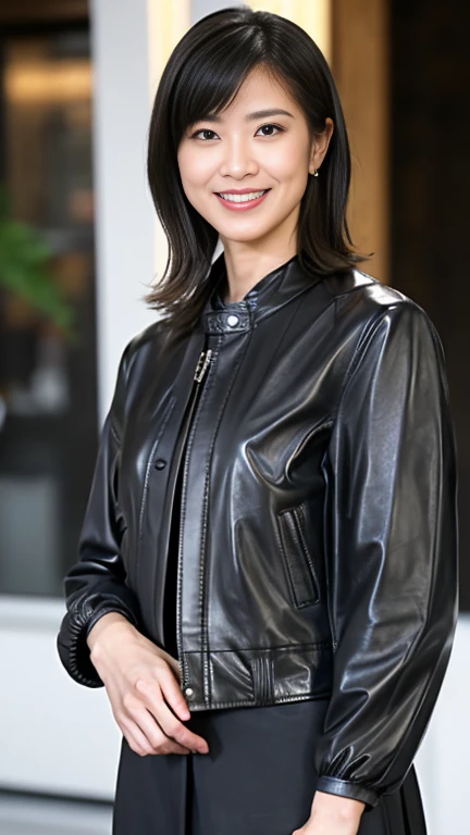 最high quality, 8k, Vibrant, Sharp focus, high quality, High resolution, Middle-aged women, Mature Woman, 55 years old, (Whole Body Ezbian), (High heels face detail, Highly detailed eyes, Plump figure、Plump face、((big 1.6))、(((Large Breasts)))、((Black leather clothing))、Busy Street、Random Hairstyles、A kind smile、(Leather Fashion、leather jacket、Leather skirt、boots、)、