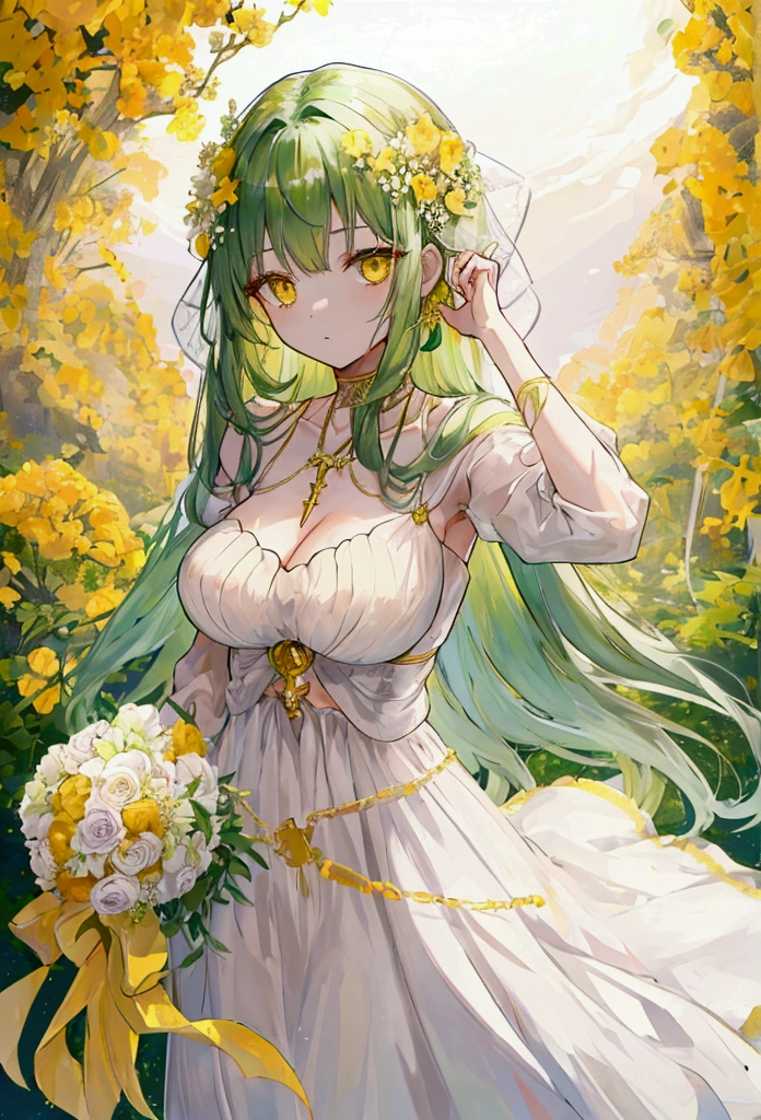 a woman with long dark green hair, yellow eyes,Wedding dress，Bangs，The golden sun in the background，Silver Cross Necklace，Sea of Flowers