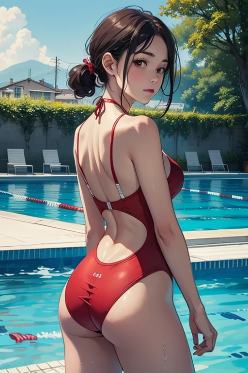 ((Best Quality)), ((masterpiece)), (detailed), 1 girl, recharging on wall, arms, open leg, standing, red swimsuit, landscape of a swimming pool,((Whole body)), ((view from behind))