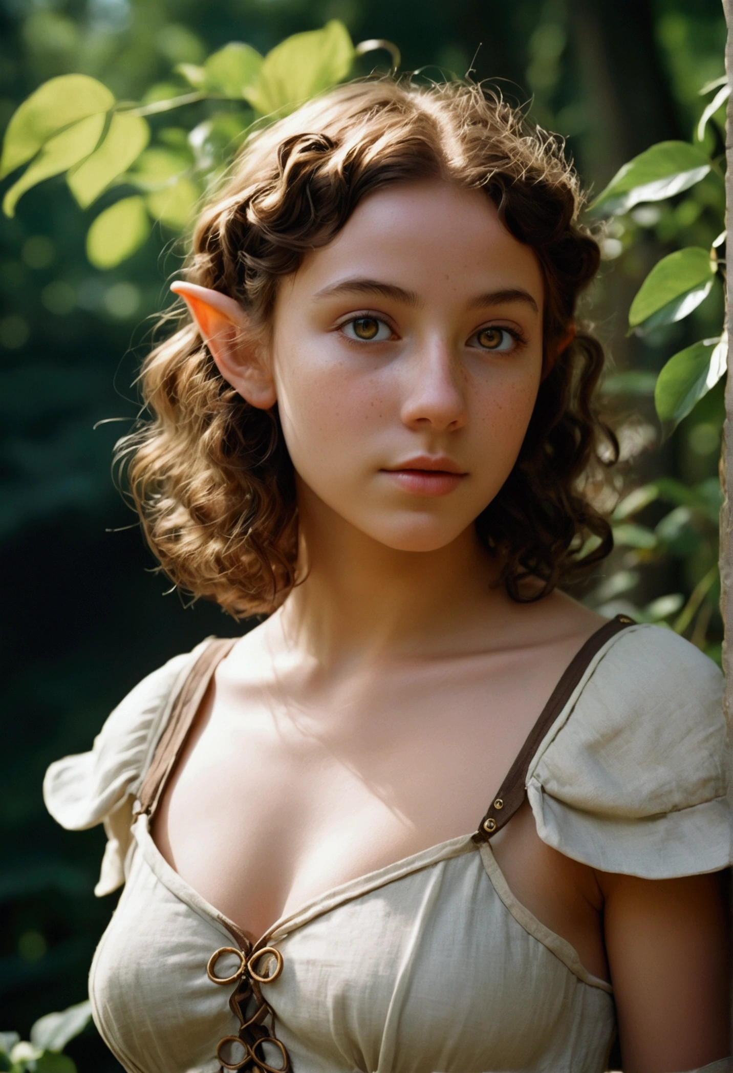 analog film photo, photo of a young elven girl, 18 years old, elf ears, amber eyes, curly brunette bob cut, dark skintone, freckles, Amazonian stature, voluptuous hourglass figure, busty bosom, narrow waist, full hips, big plump buttocks, wearing a linen sun dress, strolling through a sunny fantasy landscape, RAW Photograph, dslr, soft lighting, high quality, film grain, Fujifilm XT3, detailed skin with visible pores, insane details, masterpiece, 8k, 35mm photograph, dslr, kodachrome, faded film, desaturated, grainy, vintage, Lomography, stained, highly detailed, found footage, close-up shot, elven ears