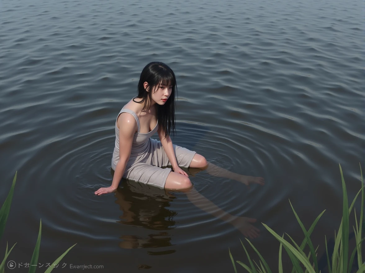 (photorealism:1.2), Japanese woman, 35 years old, not looking at camera, some spots on the face, not putting on make-up, sitting in the river water, wearing wet dress and ancle boots, black long straight, outdoors, soft lighting, relaxed pose, realistic, intricate details, cool colors, some distance from Camera