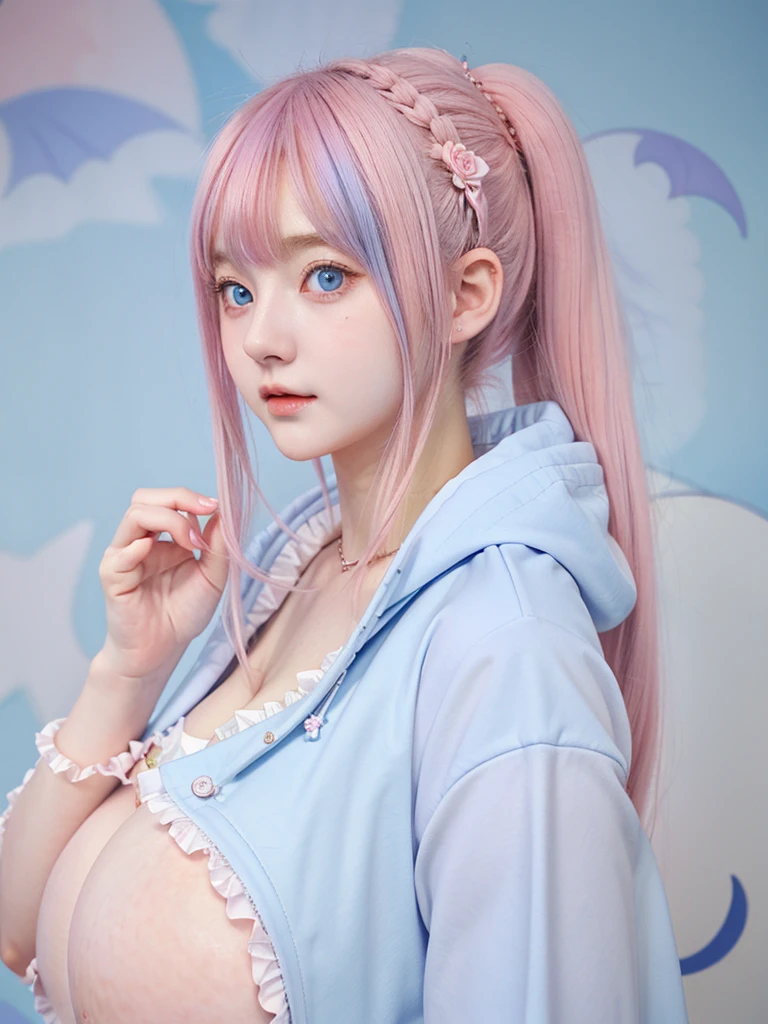 Gorgeus Girl, Beautiful, Baby Face, 20 Years Old, White Skin, Colossal Breasts, Side Pose, ((Anime Cosplay Coatumes)), Pastel Colour, Blue Eye, Halloween Background, Masterpiece, Pink Hair, Sleeveless, Hands Beside Hips, ((Side Angle))