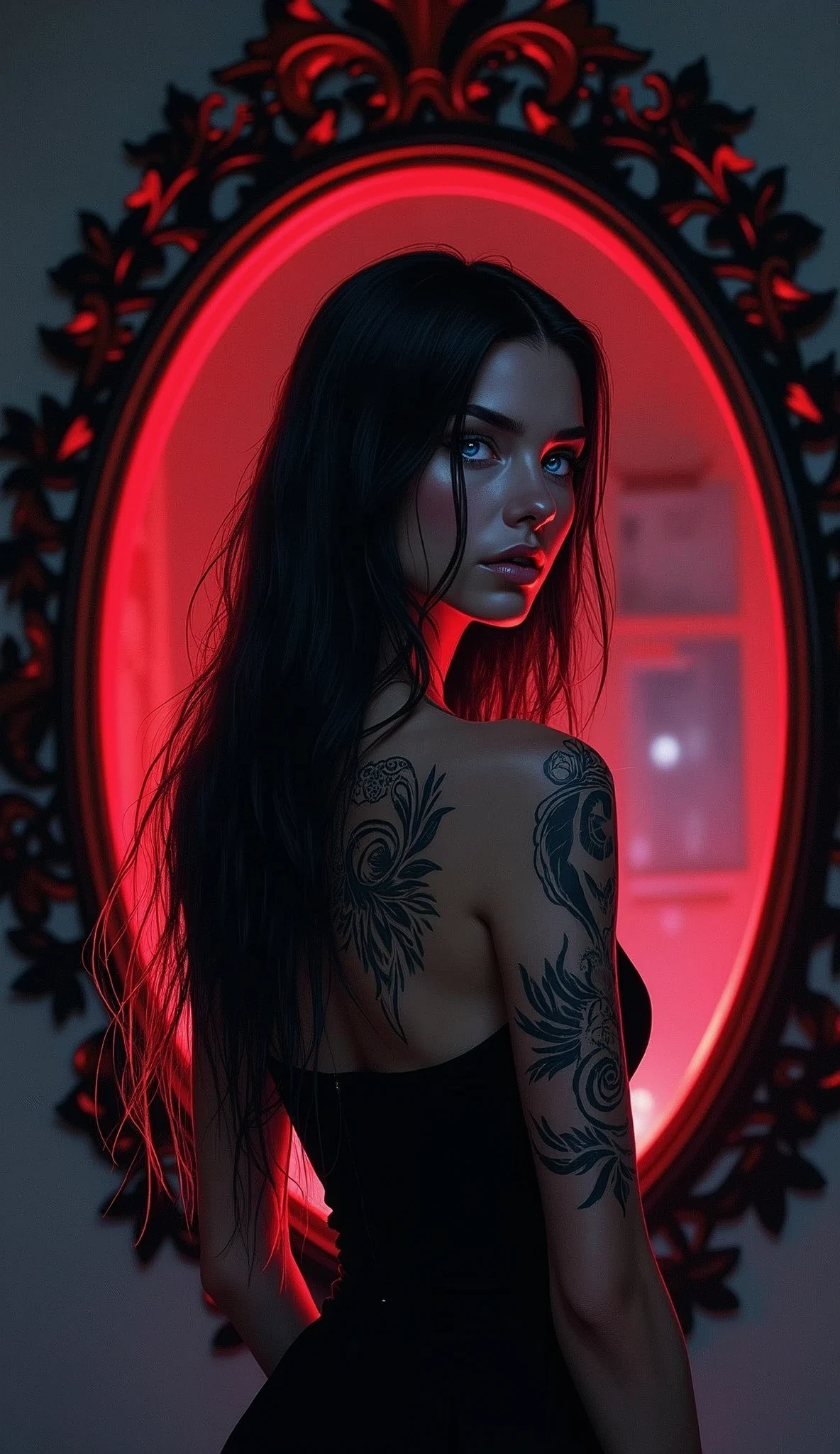 A beautiful American woman with long hair and tattoos on her back, stands in front of an elegant black mirror that reflects the red glow around it. She has glowing blue eyes and wears a sleeveless dress with a small tattoo on one arm. The background is dark and mysterious, enhancing the contrast between light and shadow. Digital art illustration.