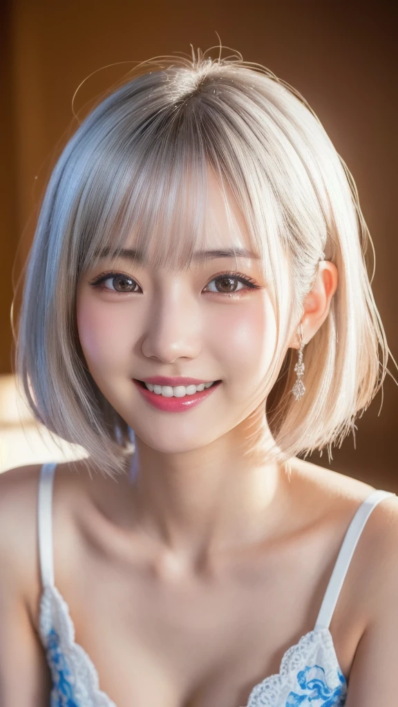 a cute japanese girl, 1girl, detailed charming eyes, detailed beautiful face, short silver hair, incredibly white and beautiful skin, happy smile, laced onepiece, ultra slender, best quality,4k,8k,highres,masterpiece,ultra-detailed,realistic,photorealistic,photo-realistic,intricate details,portrait,anime,vibrant colors,soft lighting