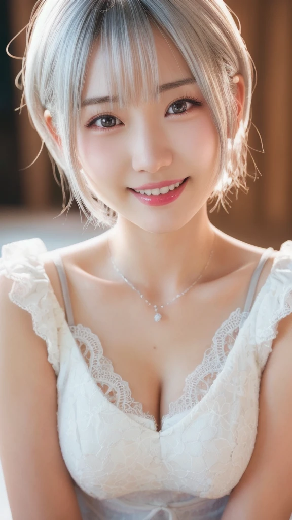 a cute japanese girl, 1girl, detailed charming eyes, detailed beautiful face, short silver hair, incredibly white and beautiful skin, happy smile, laced onepiece, ultra slender, best quality,4k,8k,highres,masterpiece,ultra-detailed,realistic,photorealistic,photo-realistic,intricate details,portrait,anime,vibrant colors,soft lighting