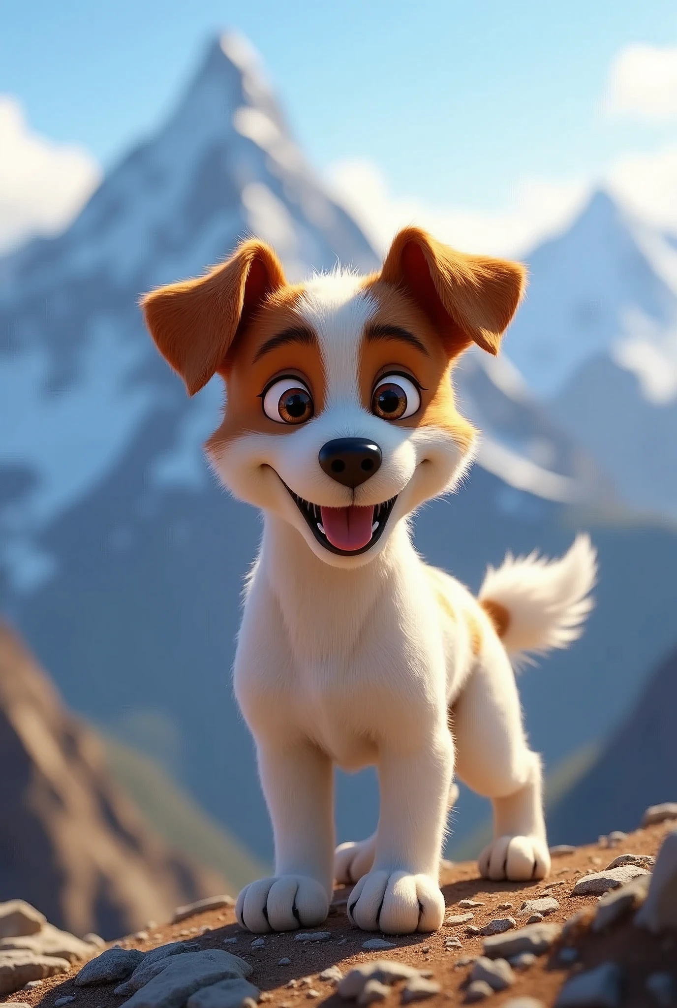 Disney Pixar Style Jack Russell terrier, high qualiy, best qualityer, scruffy, mountains, summit, low angle, close up, bokeh, happy, confident, smirk