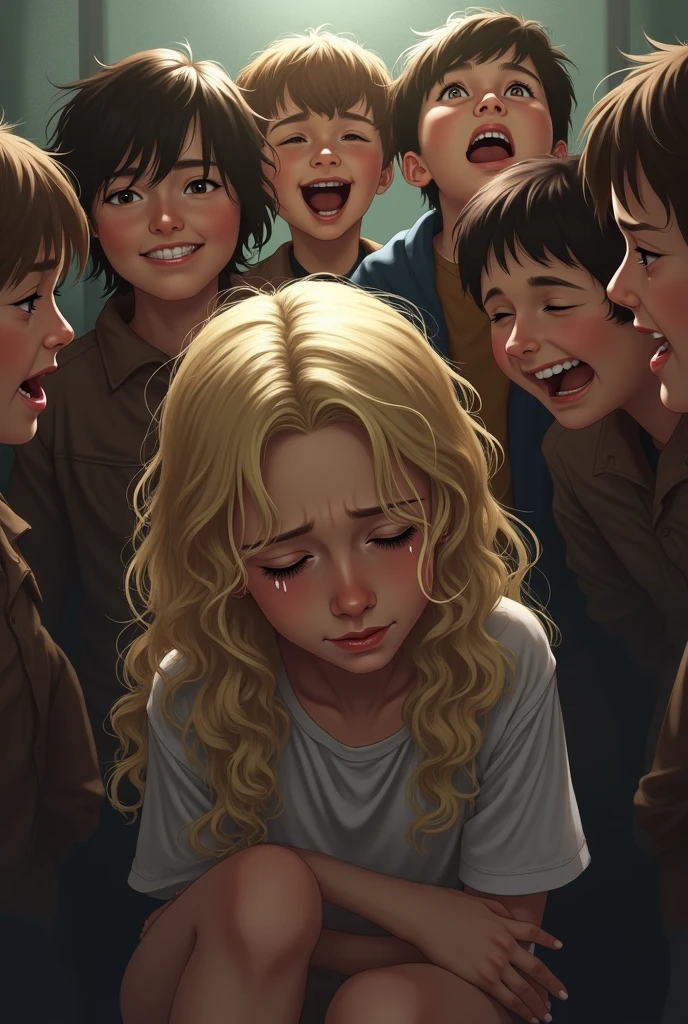 White girl, blonde, curled up crying, with ugly clothes, in the middle of other children laughing at her