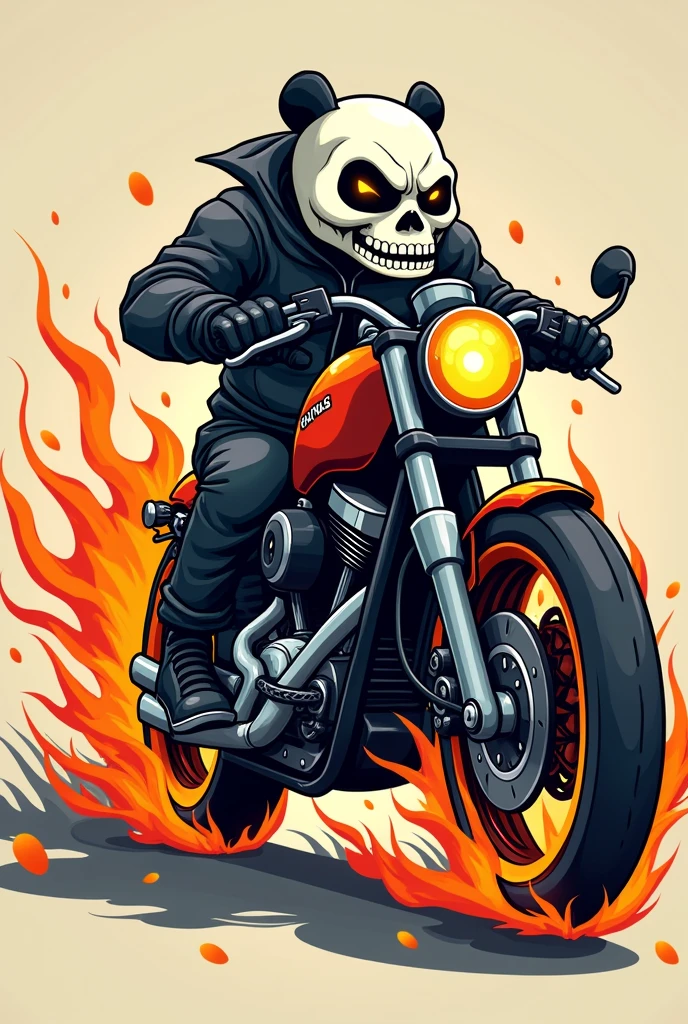 Cartoon motorcyclist with fire wheels, panda logo, wheels on fire, skull face