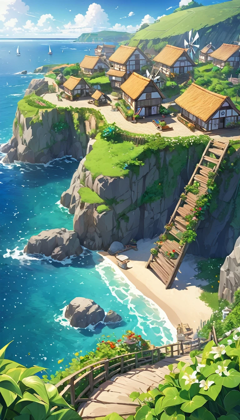 A serene coastal village on a cliff, with windmills and lush gardens, where villagers tend to their crops while gazing out at the endless sea.  anime realistic illustration style --ar 4:3 --v 5.2 --s 50
