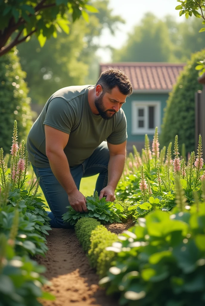 Create a 25 year old white guy, with black hair, short and chubby, tending his garden on his property.