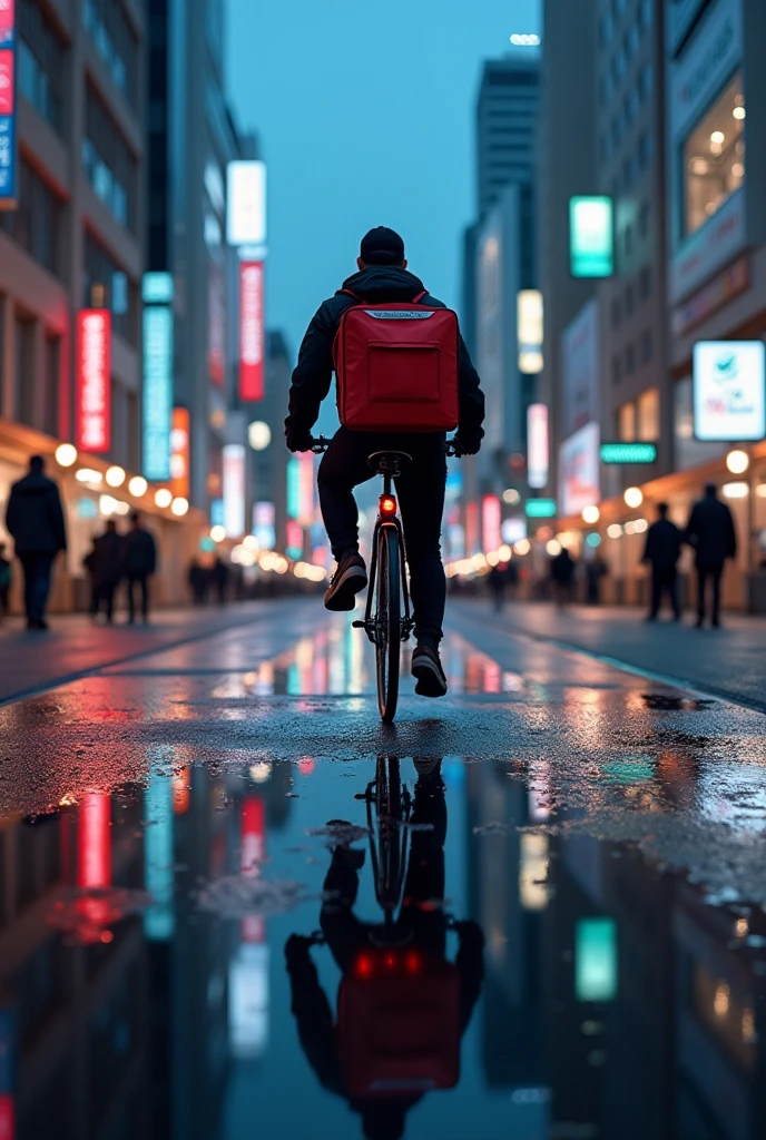 masterpiece,Highest quality,(Ultra-high definition CG Unity 8K wallpaper),(Highest quality),Physical Rendering,puddle,City view reflected on the water,Reflection of light,night,Busy Street,Passers-by々,Shibuya City,Uuber meets delivery man on bicycle