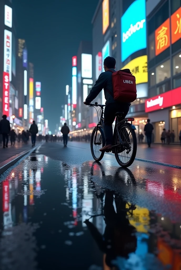 masterpiece,Highest quality,(Ultra-high definition CG Unity 8K wallpaper),(Highest quality),Physical Rendering,puddle,City view reflected on the water,Reflection of light,night,Busy Street,Passers-by々,Shibuya City,Uuber meets delivery man on bicycle