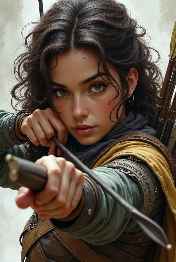 Make a fantasy style drawing of a young woman , brunette skin, curly hair to the shoulders, brown eyes in war clothes holding an arrow 