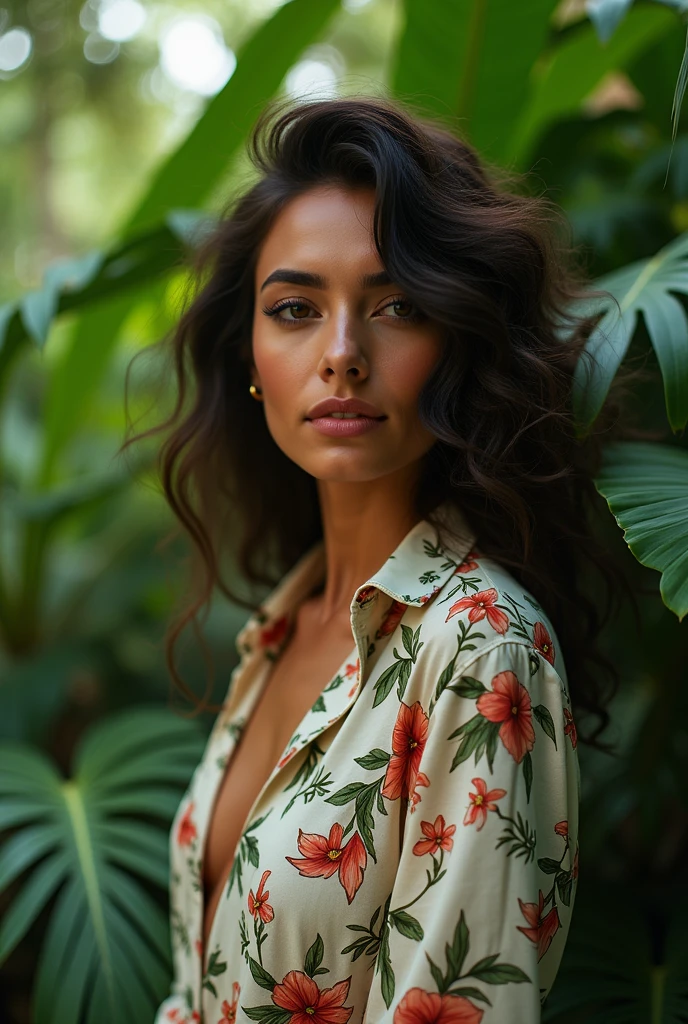 A Brazilian woman in a lush tropical garden, wearing an open shirt with a floral print, with a close-up capturing the harmonious beauty between her breasts and the natural flowers, showing your natural charm and extreme personality