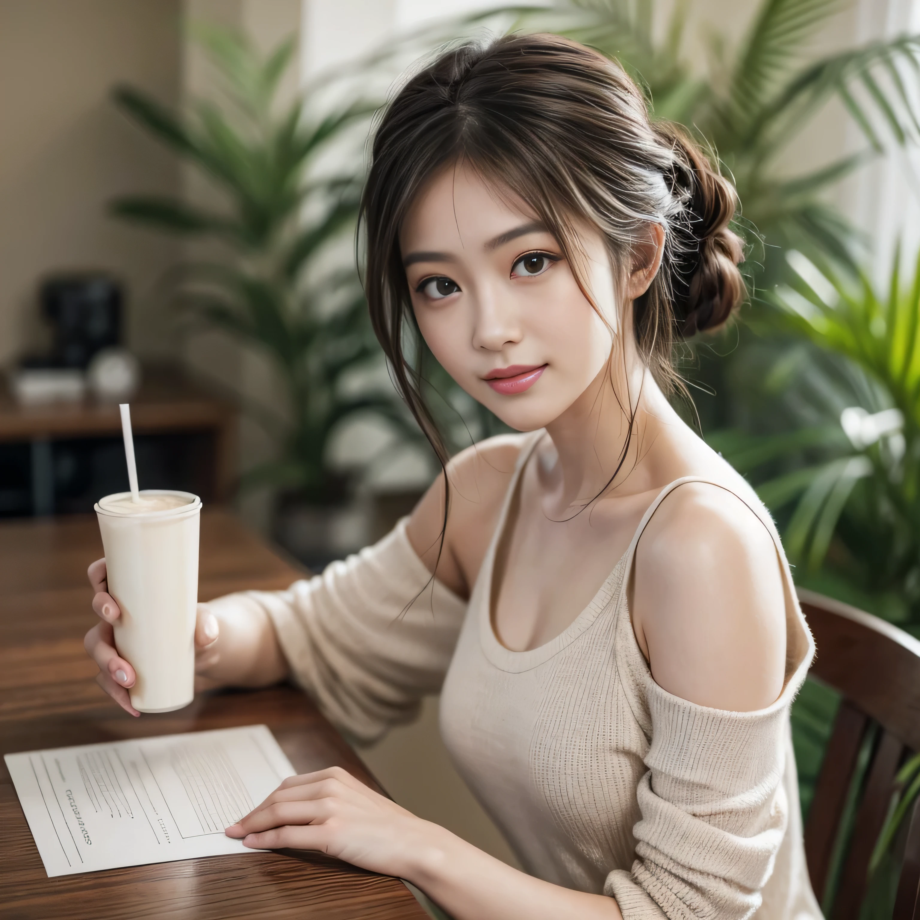 (masterpiece), Very realistic, her cheeks turn red、 Non-NSFW, (Perfect Anatomy), 8k resolution, wonderful, elegant, Hyperrealism, Approaching perfection, dynamic, Very detailedな, Smooth, 超High resolution, Alchemy Smooth upscaled images ,HD resolution, High Quality Boost, Contrast Boost, Professional alchemy、Oversized camouflage pants、Military Pants、Tight white tank top、Expressionless、美しいJapanese people women、cute、Small breasts、university student、22 years old、Hair tied up、1people、Very beautiful Japanese idol portraits、RAW Photos,Highest quality、Genuine、Very delicate and beautiful,Very detailed,2k wallpaper,wonderful,In detail,Highly detailed CG Unity 8K wallpapers,Very detailed,High resolution,Soft Light,Beautiful detailed,Very detailed eyes and face,Beautiful and sophisticated nose,Beautiful and beautiful eyes,Cinema Lighting,(Simple light color background:1.3)、Complete Anatomy、Slender body、Small breasts、smile,{A dimly lit Nordic cafe}、{Lots of houseplants}、 {Morning sunlight filtering through the trees}、{Drink coffee}、{Hair tied up}、{sit cross-legged on a chair}、{Agave on the table}美しいJapanese people women、Sharp focus, Perfect dynamic composition、Tilt your head、Model body type、 masterpiece、Highest quality、超High resolution、Ultra-high resolution photos、Smooth upscaled images 、HD resolution,、High Quality Boost,、Contrast Boost、Hyperrealism、Super fine、8k、elegant、 1people、Japanese people women、美しいJapanese people women、Ultra detailed face,、A captivating smile、cute、White skin、Fair skinの美しい肌、Brown eyes、Beautiful symmetrical face、Small face、Age 25、Beautiful black hair、 Beautiful small breasts、Skin between genuine people、Perfect figure、Perfect Anatomy's Body Type、whole body photos、Detailed and realistic people bodies、Detailed and realistic skin、Realistic face in every detail、Detailed and realistic eyes、Detailed and realistic lips、Detailed and realistic teeth、Detailed and realistic ears、Detailed and realistic hair、Beautiful Hands、Realistic feet down to the last detail、Realistic breasts down to the last detail、Realistic areola down to the last detail、Realistic nipples down to the last detail、Realistic female genitalia down to the smallest detail、Realistic vagina down to the last detail、Detailed and realistic clitoris、Realistic anus down to the last detail、Thick pubic hair with realistic detail、whole body、whole bodywhite skin、Fair skin、Check and fix the skeleton、Pubic hair is thick、Thick pubic hair、 Completely naked、urination、Pleasant expression、Blushing cheeks and an ecstatic expression, Leaking urine、A sex toy is inserted into the anus、Put your arms behind your back、Open your mouth、 Scandinavian-style cafe、Scandinavian interior、Wooden table、Surrounded by plants、