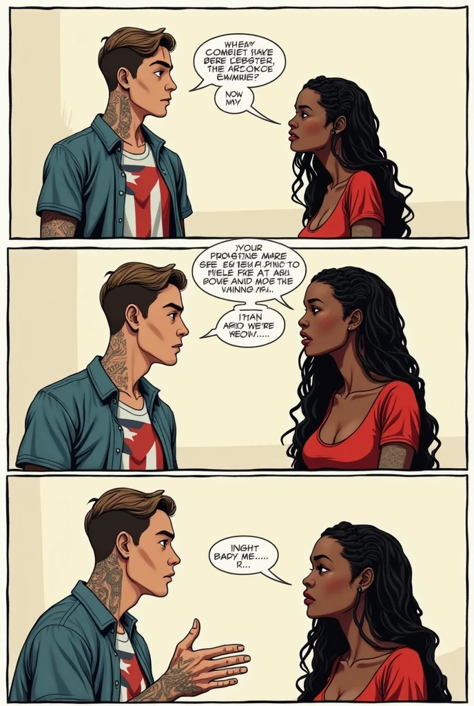 3 comics scenes first one really white young man with tattos puerto rico shirt behind a beatiful braided black women with long sleeve shirt asking a question and a blank bubble chat for him second send she answering the question with mad face third scene he turn red and embarrassing y she walk away laughing