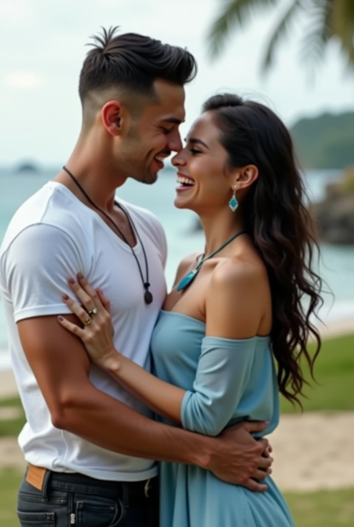 (Best quality, high resolution, Masterpiece: 1.3), married couple, sitting making out, handsome man with short undercut hair, wearing a white T-shirt with a layer of black shirt, black jeans. beautiful woman with slim body, (soft dark brown layered hairstyle), wearing a heart pendant, ((kebaya_bali)) light blue, outdoors, beautiful scenery, sea and beach in the far background, details in face and skin texture beautifully rendered, eye detail, (best quality, high resolution, masterpiece: 1.3), beautiful woman with slim figure, (dark brown layered hairstyle),((kebaya_bali)), outdoors, random background, details in texture the face and skin are beautifully displayed, detailed eyes, double eyelids, seductive laughter, feminine laughter, seductive smiling poses, women hugging spoiled men.