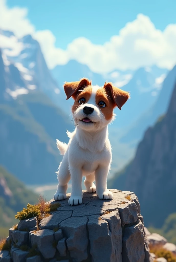 Disney Pixar Style Jack Russell terrier, high qualiy, best qualityer, scruffy, mountains, summit, low angle, close up, bokeh