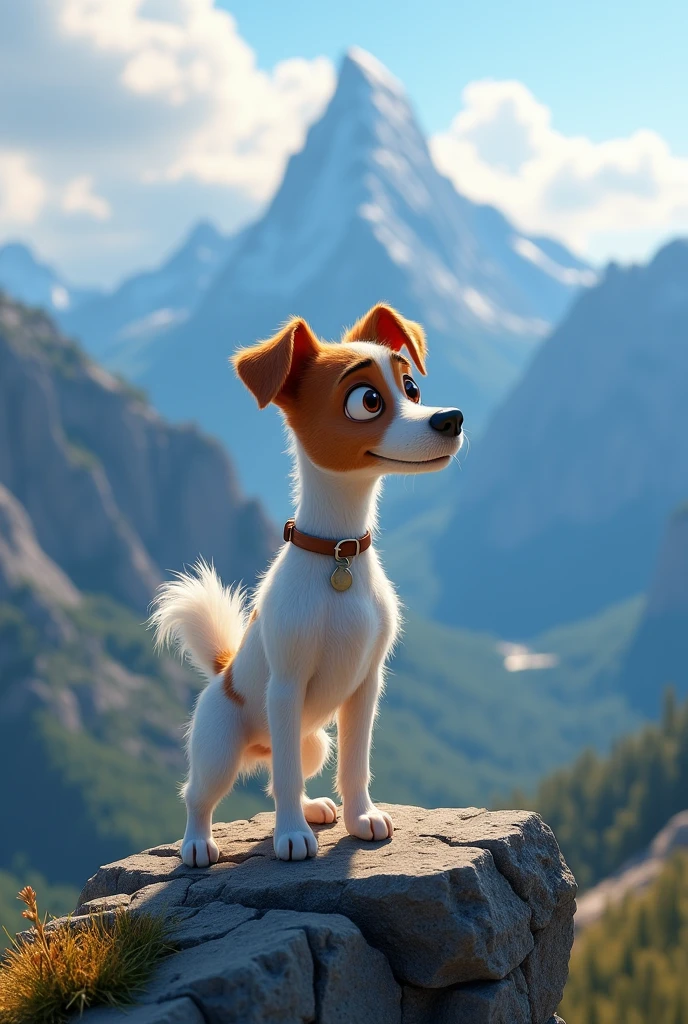 Disney Pixar Style Jack Russell terrier with a confident expression, adult male dog, long legs, high quality, best quality, scruffy, white body, no spots on body, mountain range, lake, summit, low angle, close up, bokeh, realistic