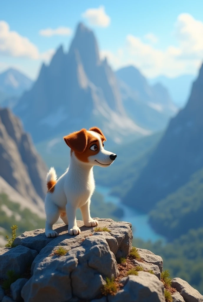 Disney Pixar Style Jack Russell terrier, high qualiy, best qualityer, scruffy, mountains, summit, low angle, close up, bokeh