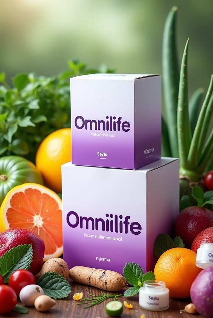 Display white and purple square boxes, with large letters OMNILIFE and fruits and vegetables around it , makeup jars with Seytu logo and aloe vera plants on one side , ginger and clear landscape
