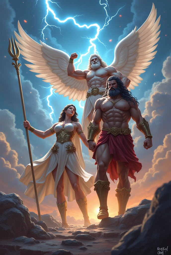 Athena, the goddess, with wings in the sky, thunder and trident in hand, hurling lightning at her side. Zeus behind her, defending her, god of Olympus. Both with dark hair and celestial eyes, imposing gods. 3 more gods, a man and a woman, giving them strength and eager to battle.