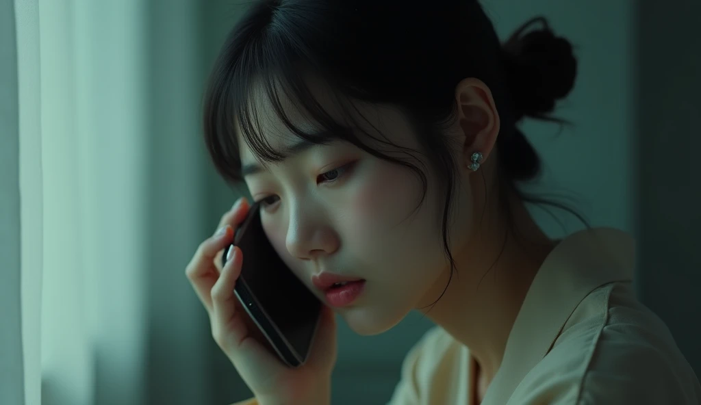 beautiful korean girl crying on the phone calling someone, in building, realistic lighting, cinema style,