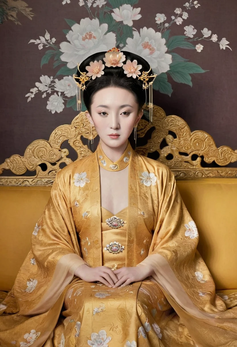 A full-body portrait of a Qing Dynasty Empress sitting naked on a large golden sofa in the palace., Empress of the Qing Dynasty, Wearing a large crown, She is completely naked, Showing off gorgeous large flowers and hairpins, She tied her hair up and pulled it up, 背景はEmpress of the Qing Dynastyの豪華な宮殿.