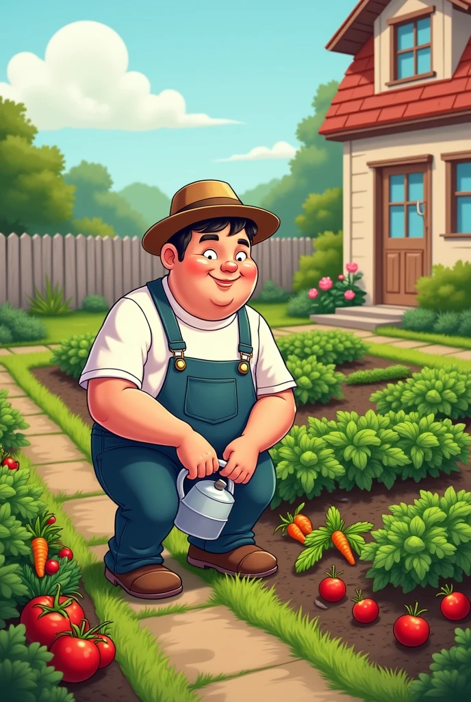 Create a 25 year old white guy, with black hair, short and fat, taking care of his vegetable garden at his place in cartoon.