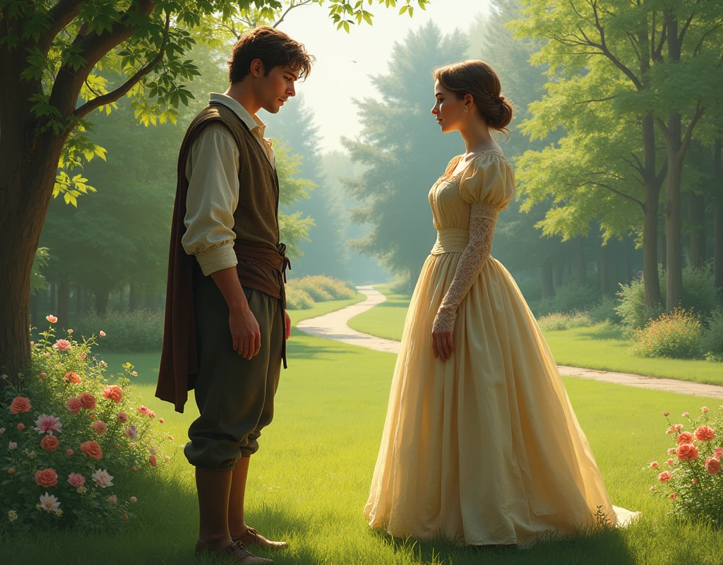 Peasant John meets a young Princess Isabella in the park in the afternoon