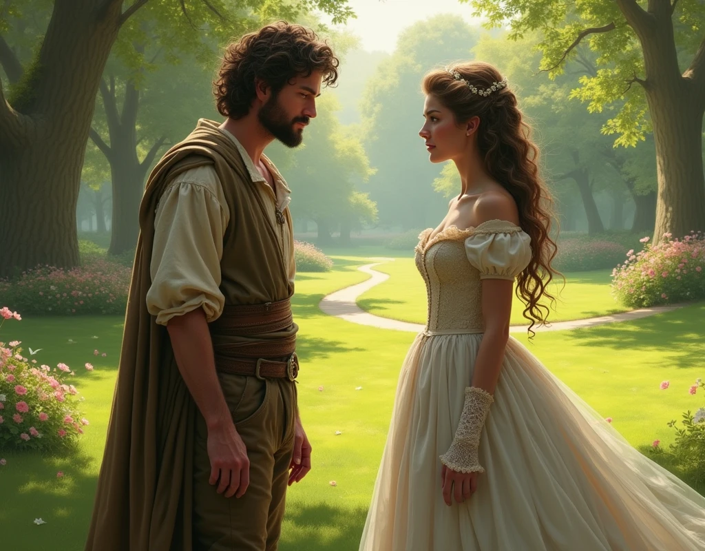 Peasant John meets a young Princess Isabella in the park in the afternoon