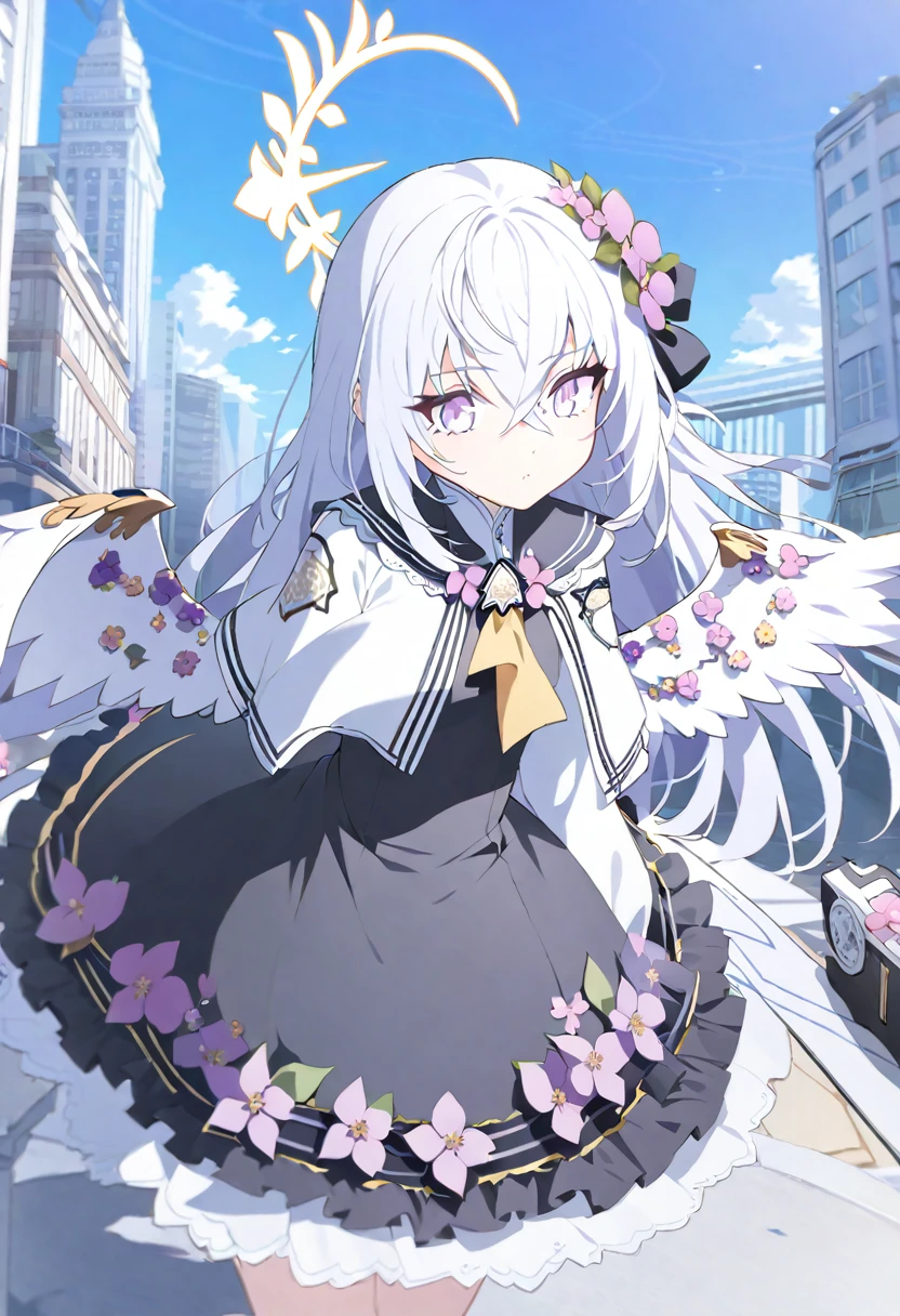  azusa \(blue archive\), 1girl assault_rifle black_dress building cityscape clock clock_tower cloud day dress flower fountain gun hair_flower hair_ornament halo holding holding_gun holding_weapon long_sleeves m4_carbine outdoors purple_eyes rifle skyscraper solo tower weapon white_hair white_wings wings