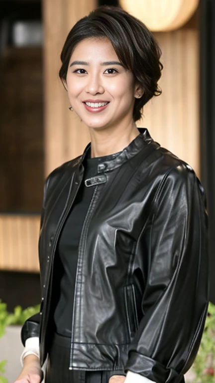 最high quality, 8k, Vibrant, Sharp focus, high quality, High resolution, Middle-aged women, Mature Woman, 55 years old, (Whole Body Ezbian), (High heels face detail, Highly detailed eyes, Plump figure、Plump face、((big 1.6))、(((Large Breasts)))、((Black leather clothing))、Busy Street、Random Hairstyles、A kind smile、(Leather Fashion、leather jacket、Leather skirt、boots、)、