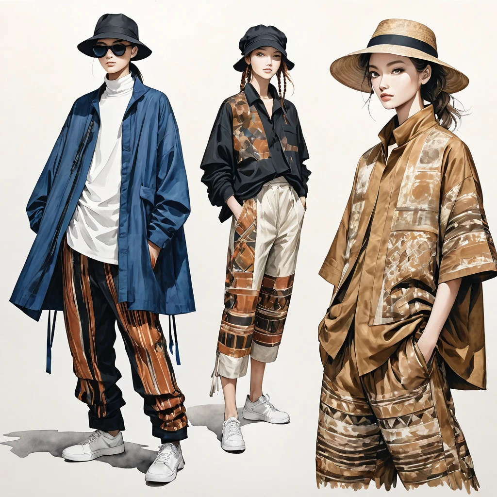 candid fashion illustration a group of young 2man and 1girl models, aged 18-23 year old, tall and slender, Mixed race super model, ((showcase in fashionable cotton outfits inspired by designer Yohji Yamamoto collection)), in elegant and Avant-garde Fashion style of ((tribble woven fabric, ethnic motifs, Earth tone color)). mixed color of black, copper, gold, quicksilver, indigo color. The 1st man wears an oversized shirt with ethnic details, paired with slim-fit Pants. The second man complements him in a short-sleeved bowling shirt and oversized Jacket with collage fabric details, paired with big striped Drawstring pants. The woman wears a Ankle-length dress, in cotton woven fabric. (all completes the look with white sneakers, an accessorizes with straw hat, sunglass, braid hair. Captured in a ((full-body image)), relax and simple pose, ((water-color paint on white paper background)), realistic pencil lines, imperfect drawing, charcoal lines detail, fading sketch, fashion Sketching, low angle view, (full body image), by Yohji Yamamoto hybrid with Rick Ovens fashion designer, Avant-garde Fashion.
